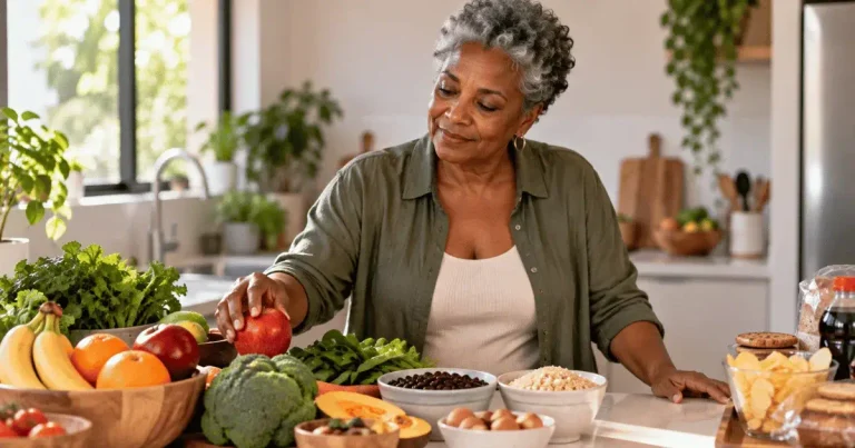 Mulher madura escolhendo alimentos para uma alimentação depois dos 50.