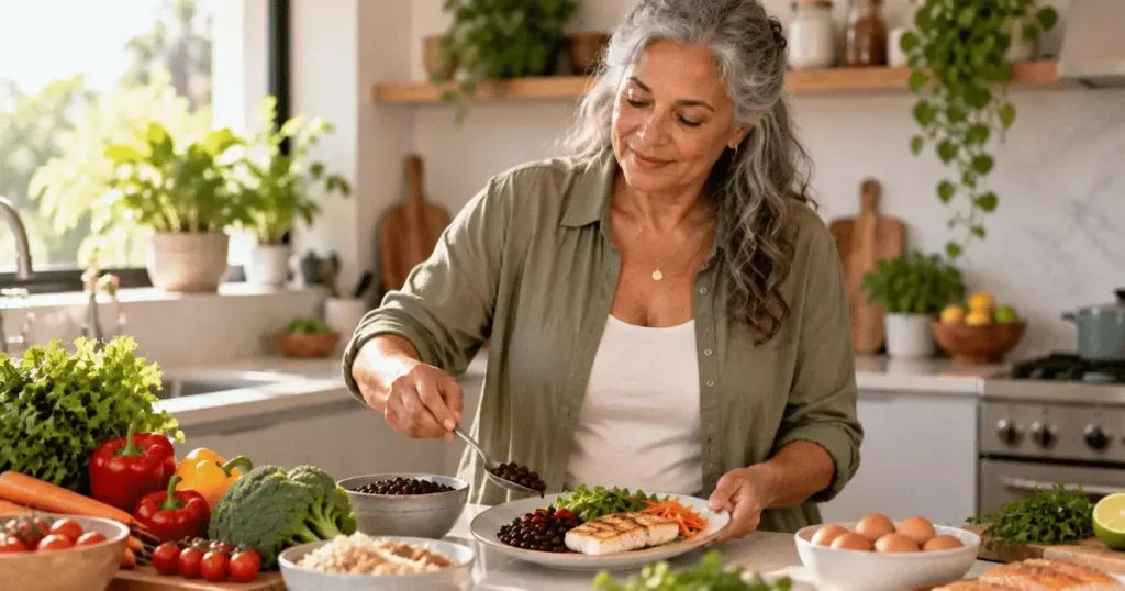 Mulher madura preparando uma refeição com fontes naturais de proteína.