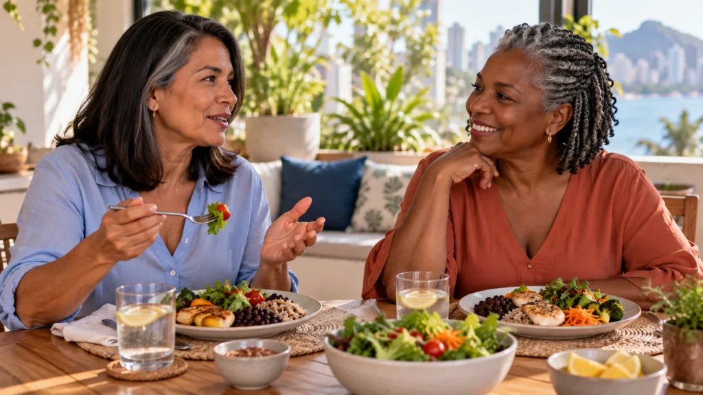 Mulheres 50+ compartilhando uma refeição saudável e agradável.