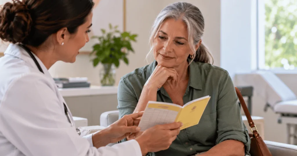 Mulher madura conferindo a vacinação durante uma consulta de prevenção.