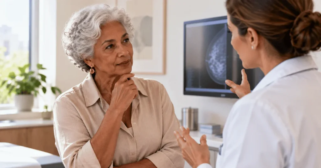 Mulher madura conversando com médica sobre prevenção depois dos 50.