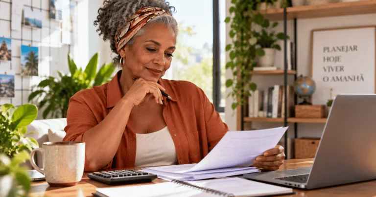 Mulher madura organizando a vida financeira aos 50