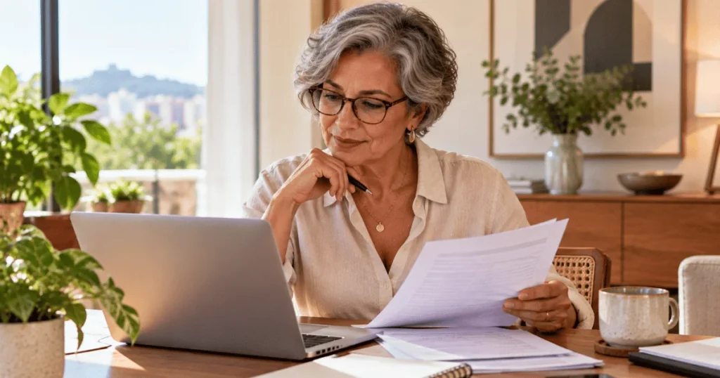 Mulher de 60 anos analisando receitas e despesas do orçamento.