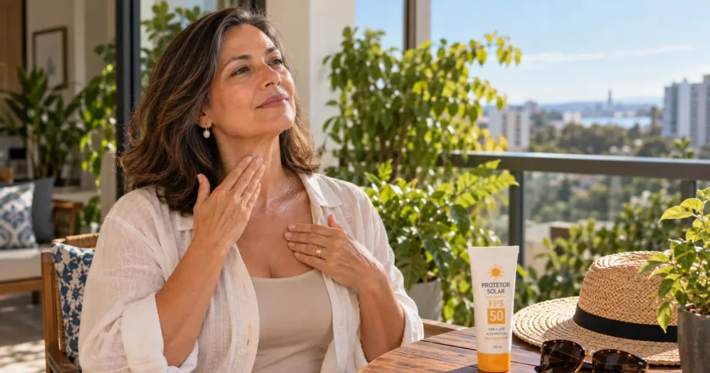 Mulher madura aplicando protetor solar no pescoço e colo.