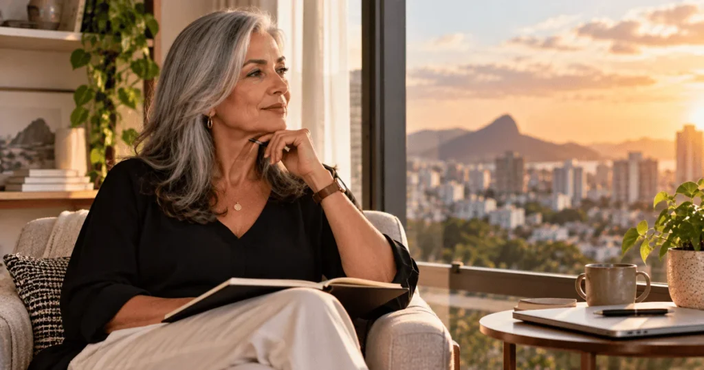 Mulher madura planejando o futuro financeiro aos 50.