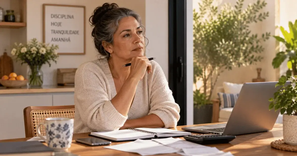 Mulher de 50 anos pensando em como construir uma reserva financeira