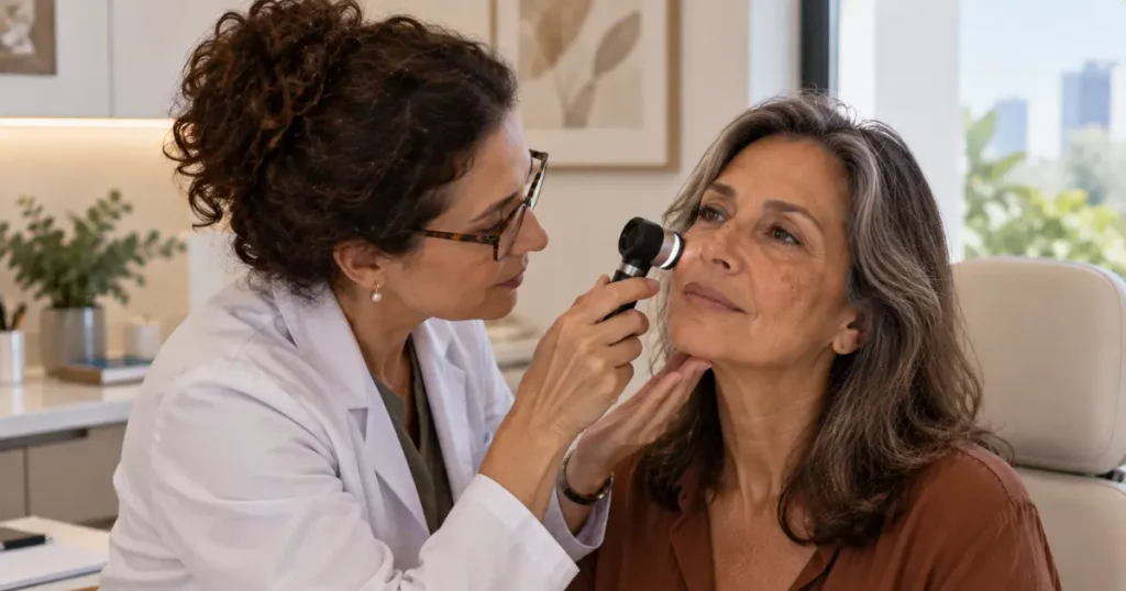 Mulher madura sendo examinada por dermatologista durante consulta.