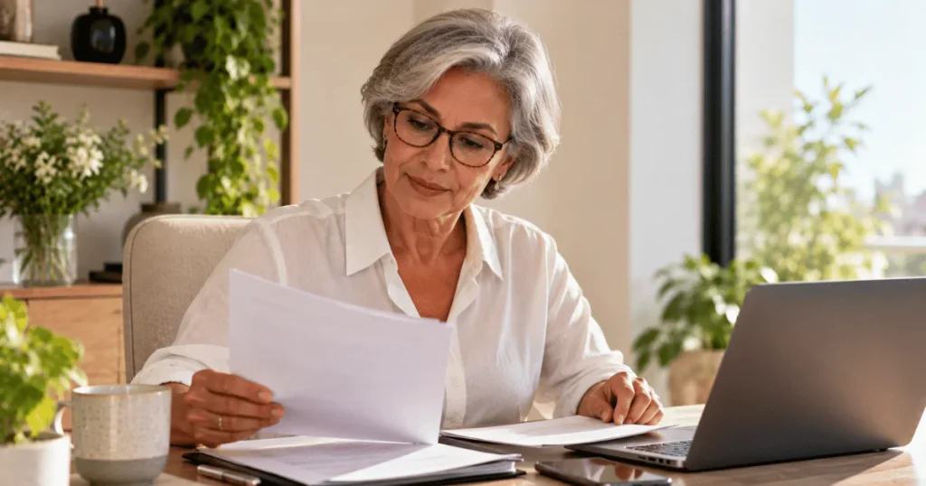 Mulher de 60 anos conferindo documentos para planejar a aposentadoria