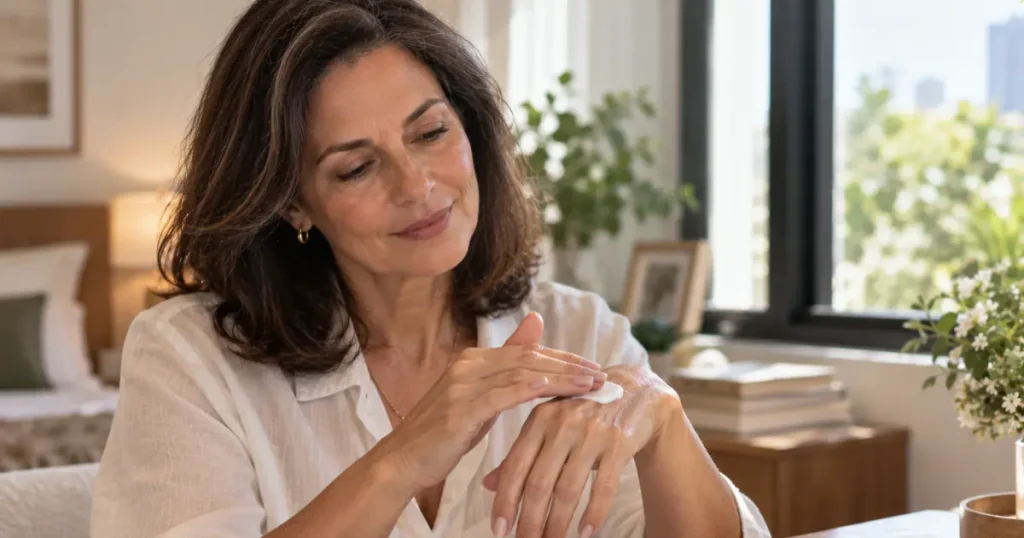 Mulher madura hidrata as mãos e unhas durante uma rotina simples de autocuidado depois dos 50.