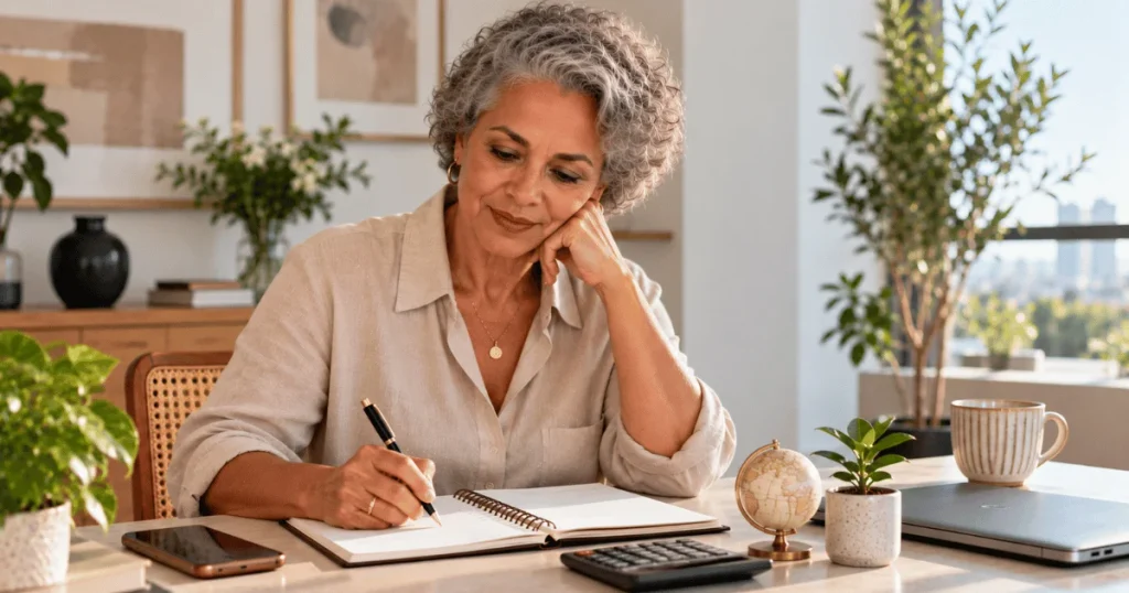 Mulher 50+ organizando objetivos antes de começar a investir