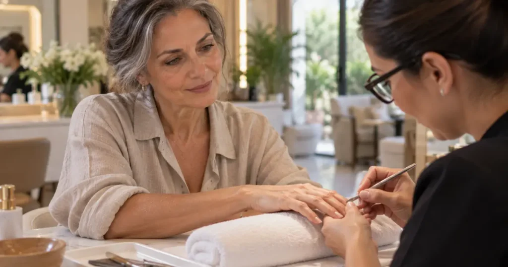 Mulher madura recebendo cuidados nas unhas durante manicure.