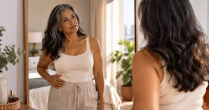 Mulher madura observando mudanças do corpo na menopausa depois dos 50.