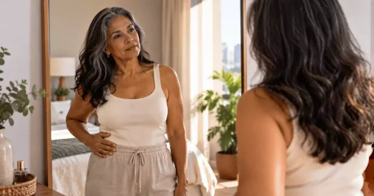 Mulher madura observando mudanças do corpo na menopausa depois dos 50.
