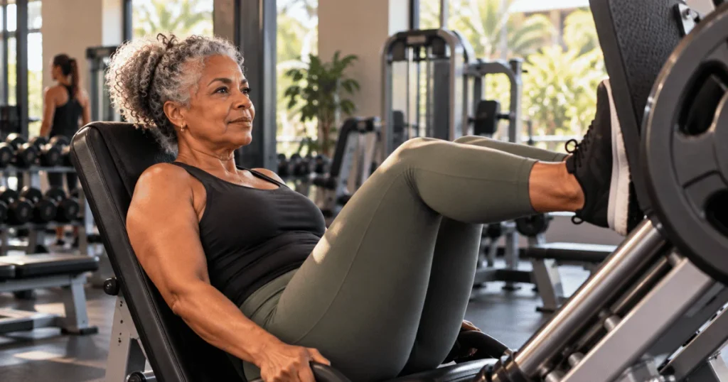 Mulher 50 mais praticando exercício de força para cuidar da saúde na menopausa.