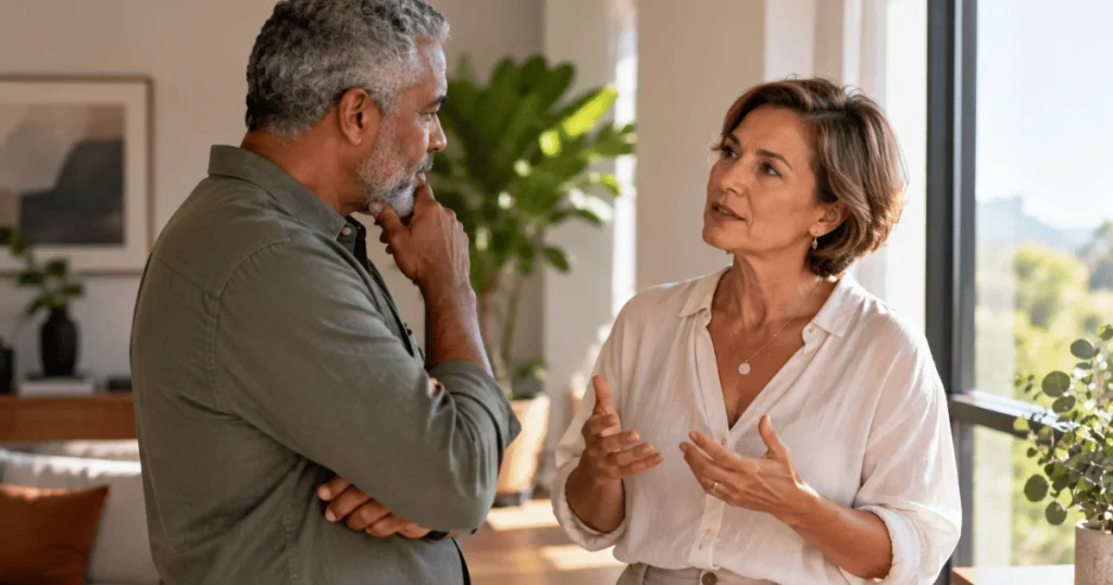 Casal 50+ conversando sobre mudanças da menopausa e intimidade.