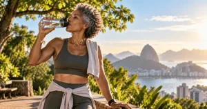 Mulher madura 50+ cuidando da saúde depois dos 50 durante caminhada