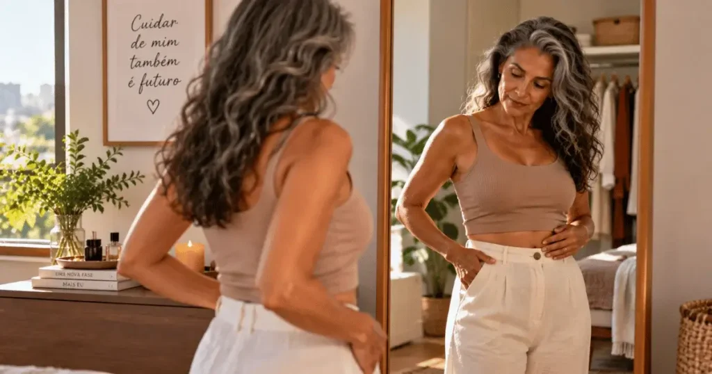 Mulher madura refletindo sobre as mudanças do corpo depois dos 50