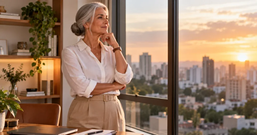 Mulher madura planejando uma nova etapa financeira e profissional depois dos 50.