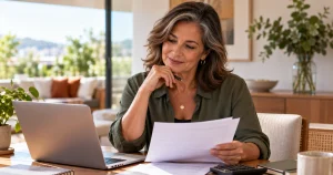 Mulher 50+ organizando as finanças e planejando o dinheiro aos 50.