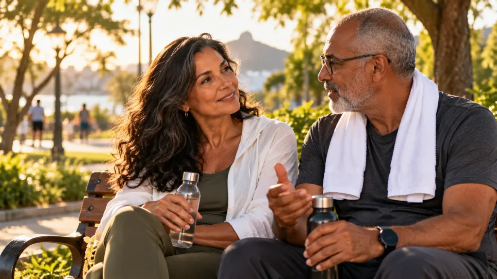 Casal maduro conversando com proximidade depois dos 50