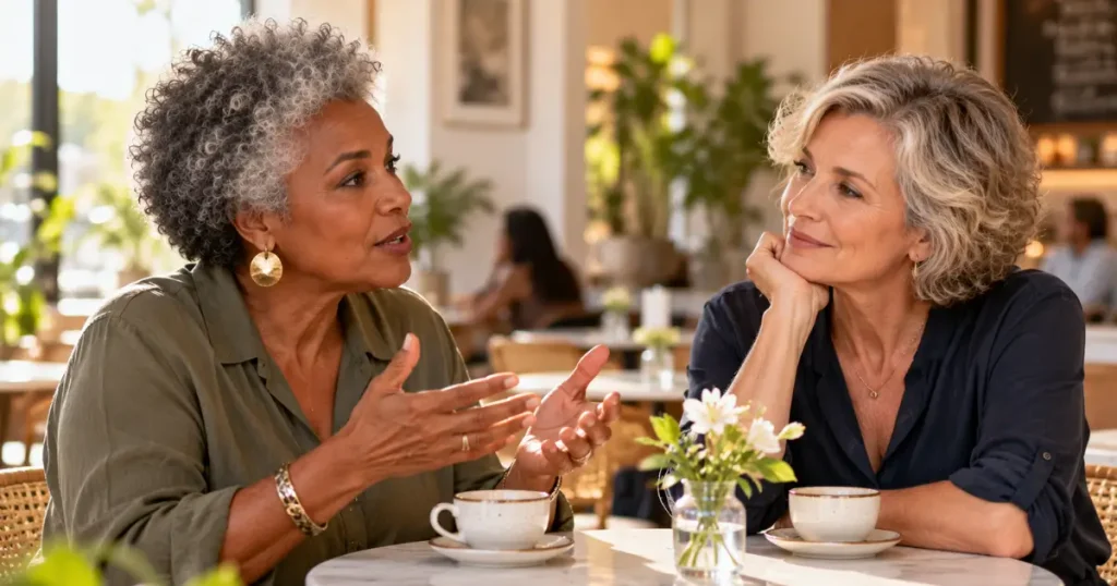 Duas mulheres maduras conversando e praticando escuta atenta