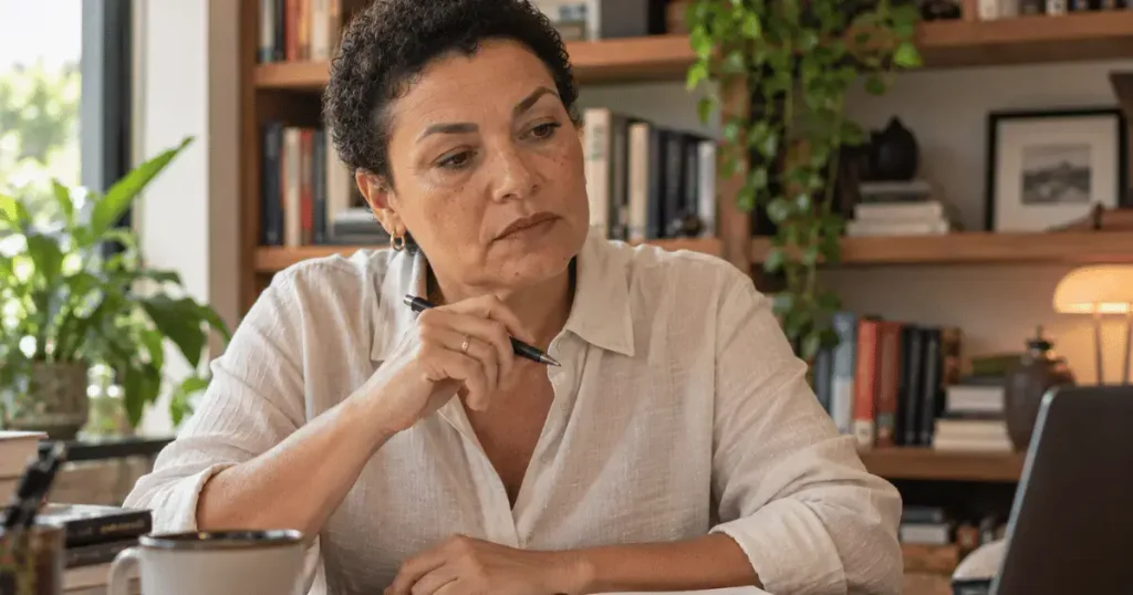 Mulher madura refletindo sobre uma crítica construtiva