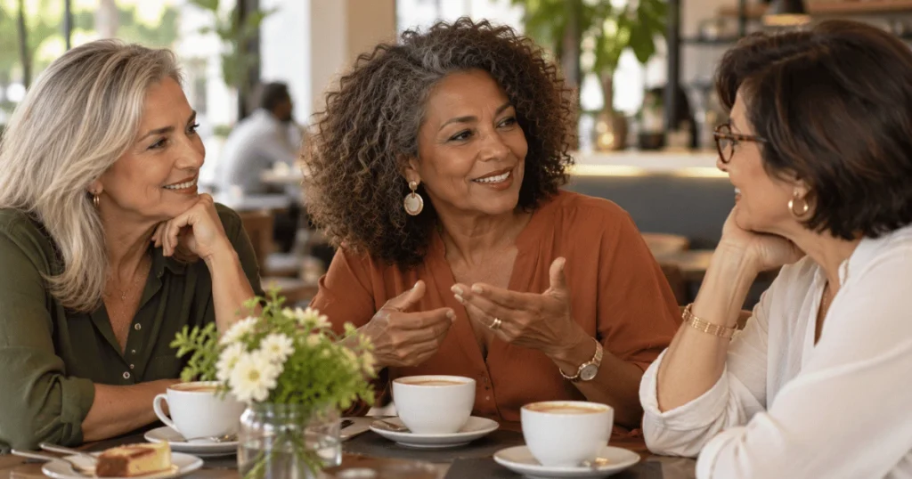 Mulheres maduras conversando sobre amizade e relacionamentos