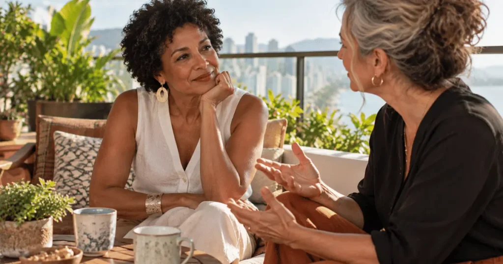 Duas mulheres maduras conversando sobre mudanças e relações
