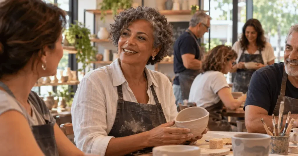 Mulher de 58 anos participa de atividade social enquanto conhece novas pessoas