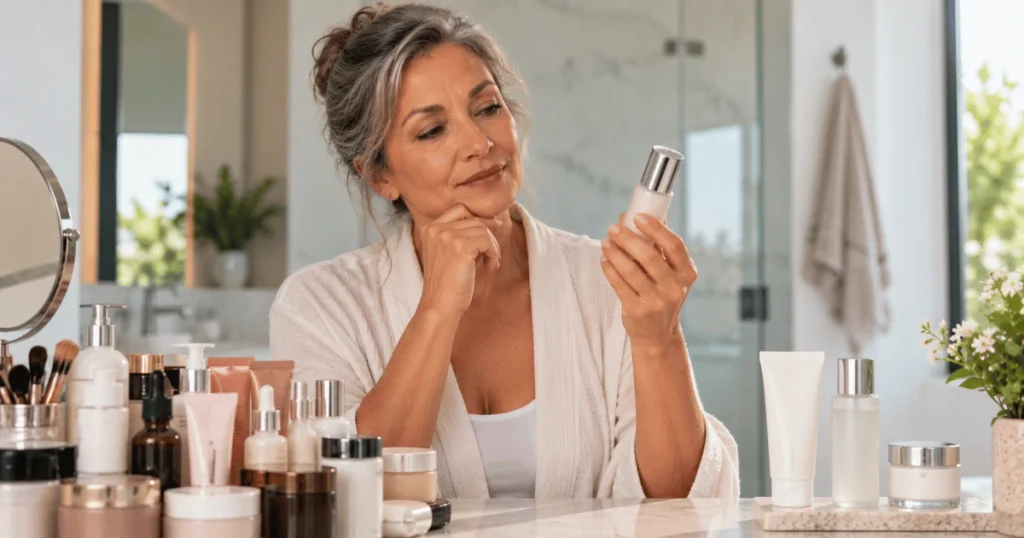 Mulher madura escolhendo produtos para skincare