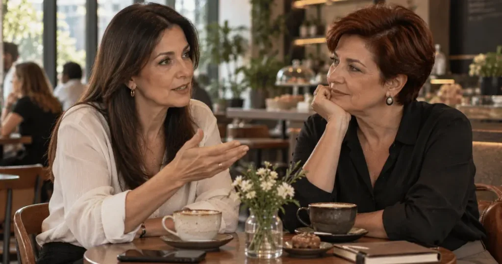 Duas mulheres maduras conversando sobre escolhas e opiniões