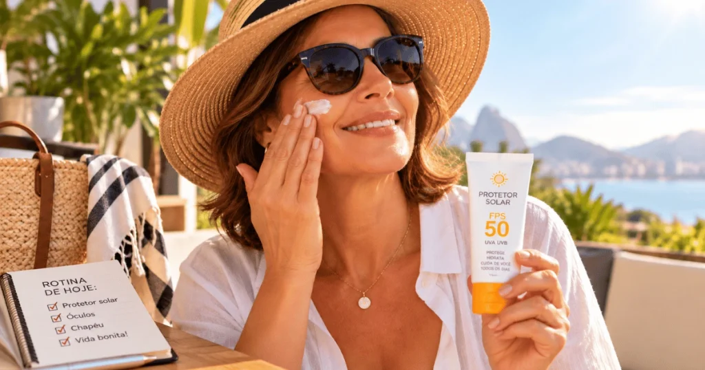 Mulher madura usando chapéu e óculos para se proteger do sol.