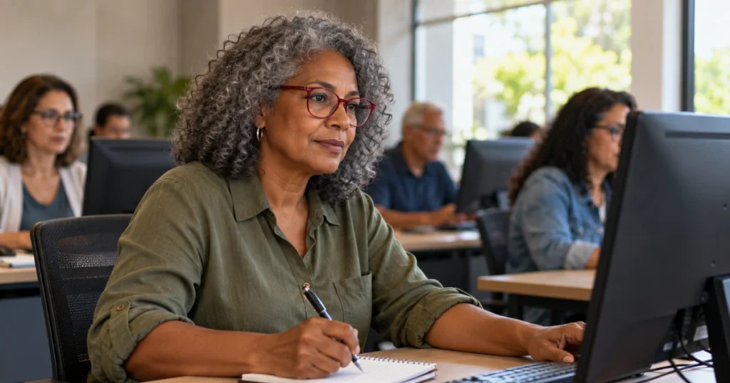 Mulher de 63 anos aprendendo novas habilidades profissionais