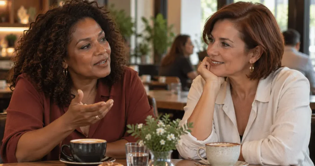 Duas mulheres maduras conversando em uma amizade mais seletiva