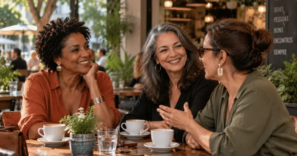 Mulher madura conversa com amigas durante o recomeço depois do divórcio
