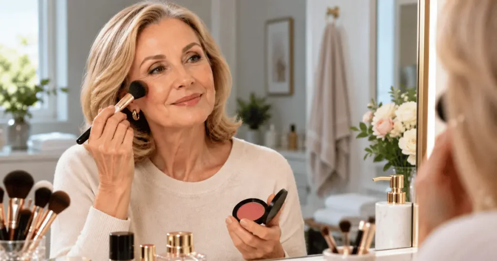 Mulher madura aplicando blush durante uma maquiagem natural.
