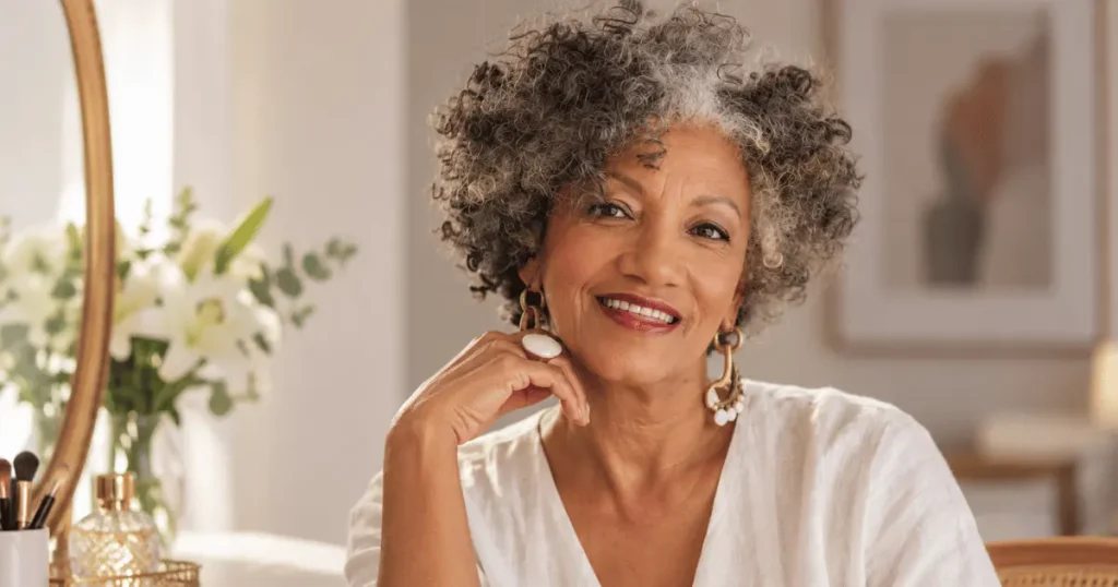 Mulher madura com maquiagem elegante e natural após os 50.