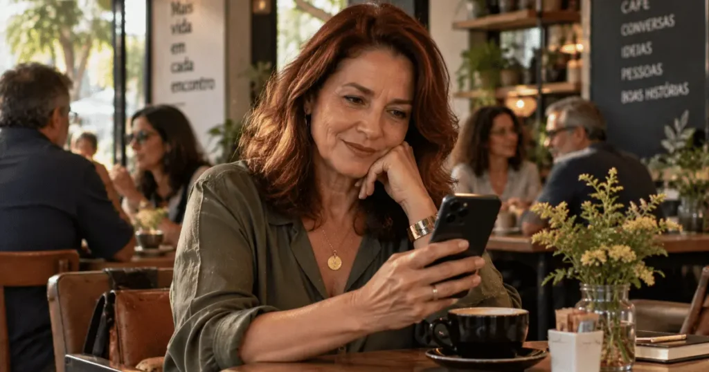 Mulher madura usando aplicativo de relacionamento para conhecer novas pessoas