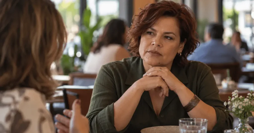 Mulher madura irritada fazendo uma pausa antes de responder