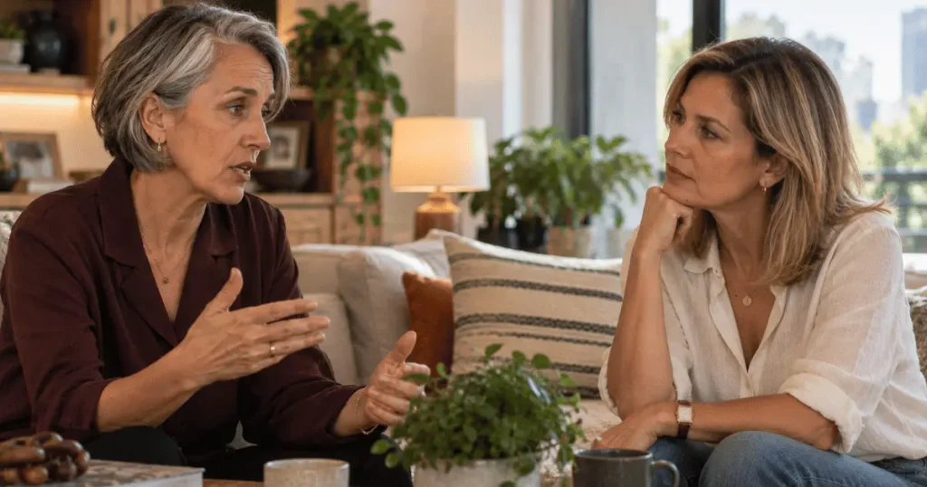 Duas mulheres maduras conversando sobre uma preocupação