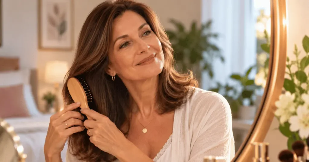 Mulher madura penteando suavemente os cabelos em uma rotina simples de cuidados