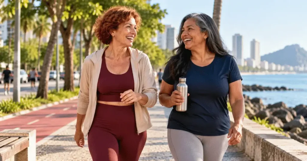 Duas mulheres 50+ caminhando juntas para cuidar da saúde