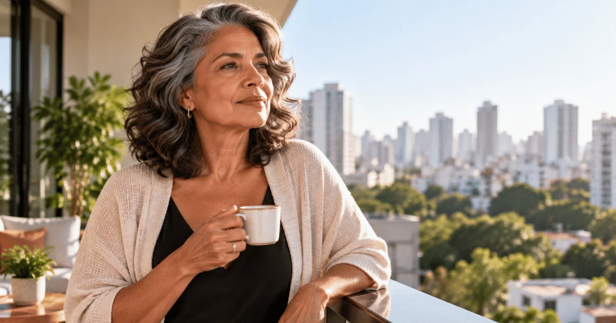 Mulher madura refletindo sobre a própria saúde mental depois dos 50.