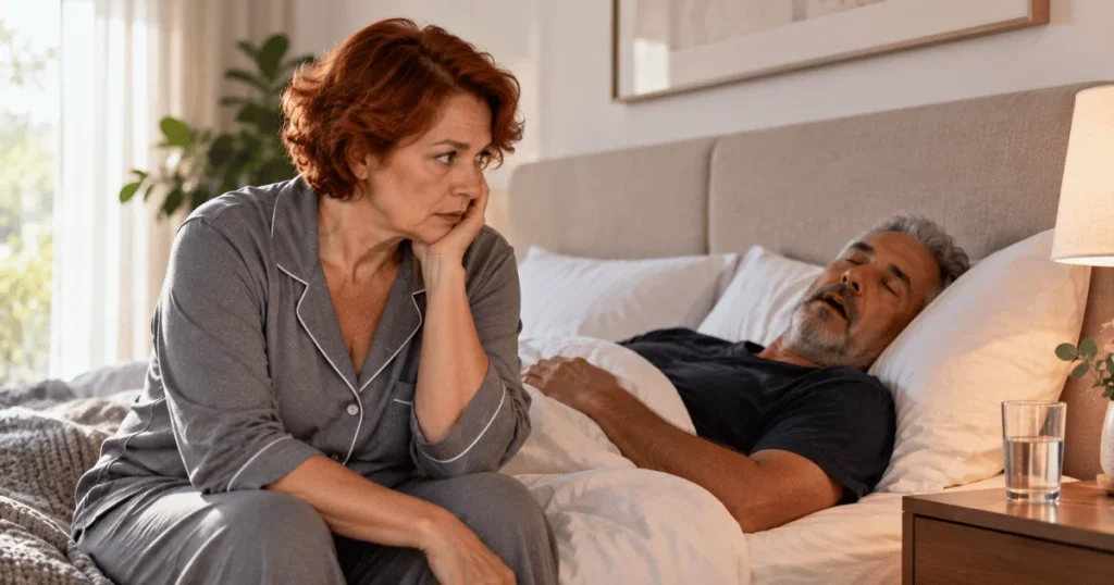 Casal maduro após uma noite de sono com sinais que podem indicar um problema de sono.