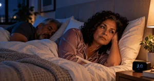 Mulher madura acordada durante a noite, sem sono depois dos 50.