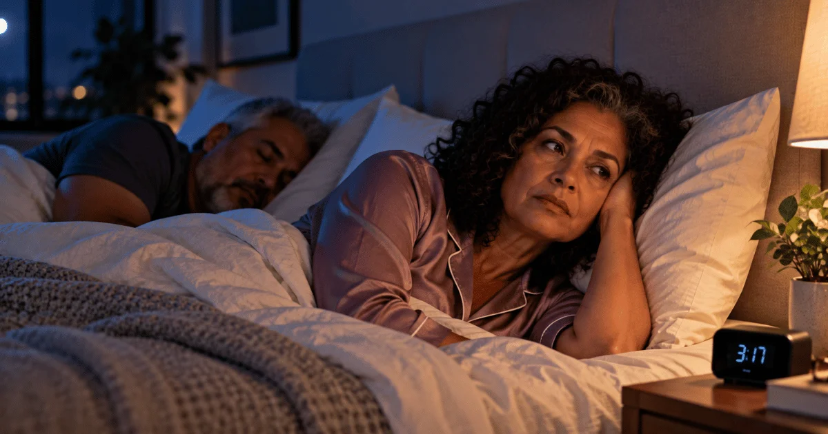 Mulher madura acordada durante a noite, sem sono depois dos 50.